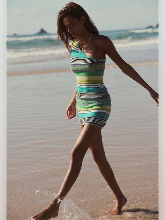 Free People Dresses & Skirts - NWT Free People Striped Sweater One Shoulder Mini Dress Aqua Green Combo Size M